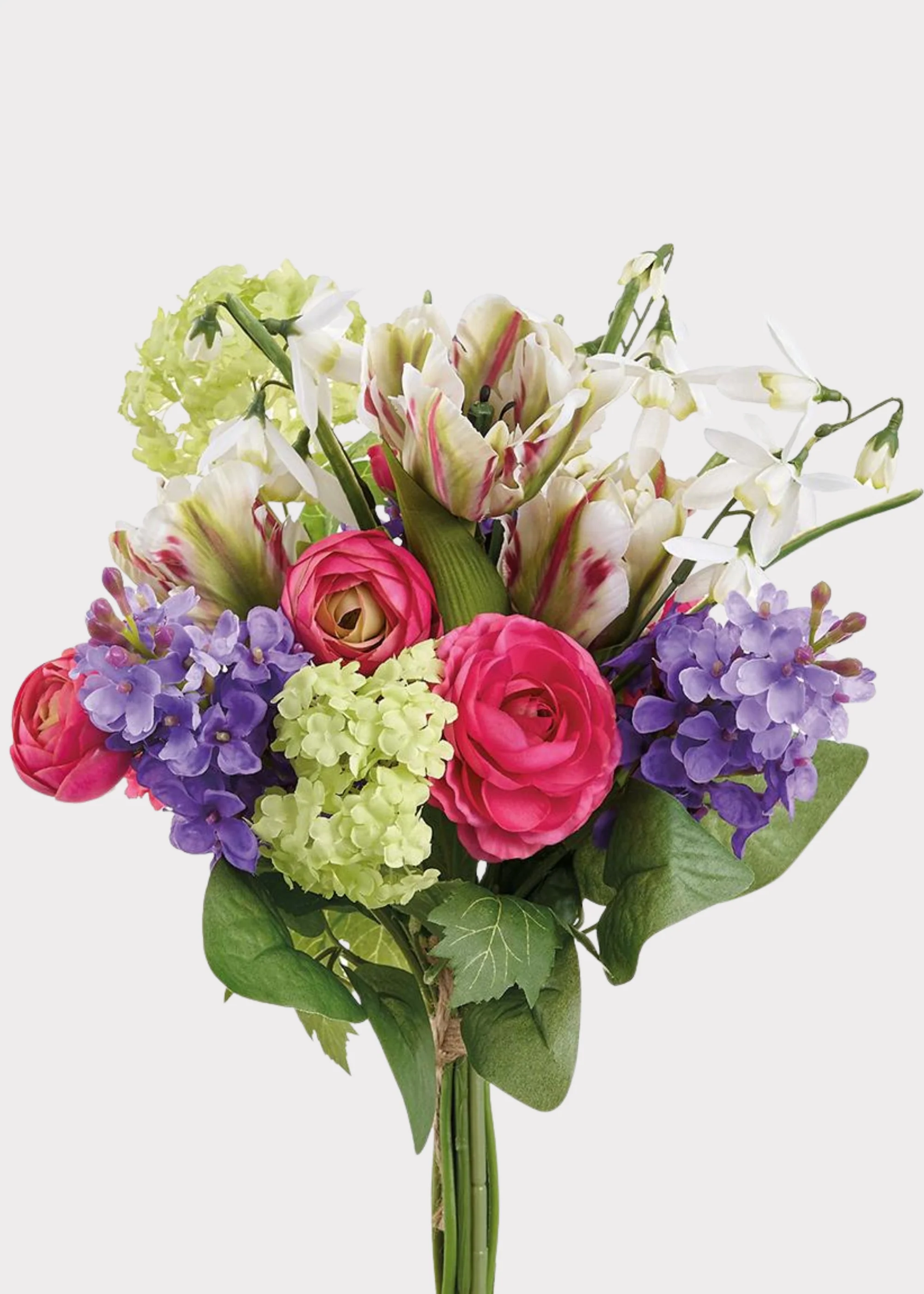 Colorful Fake Snowball and Tulip Spring Flower Bouquet - 15"