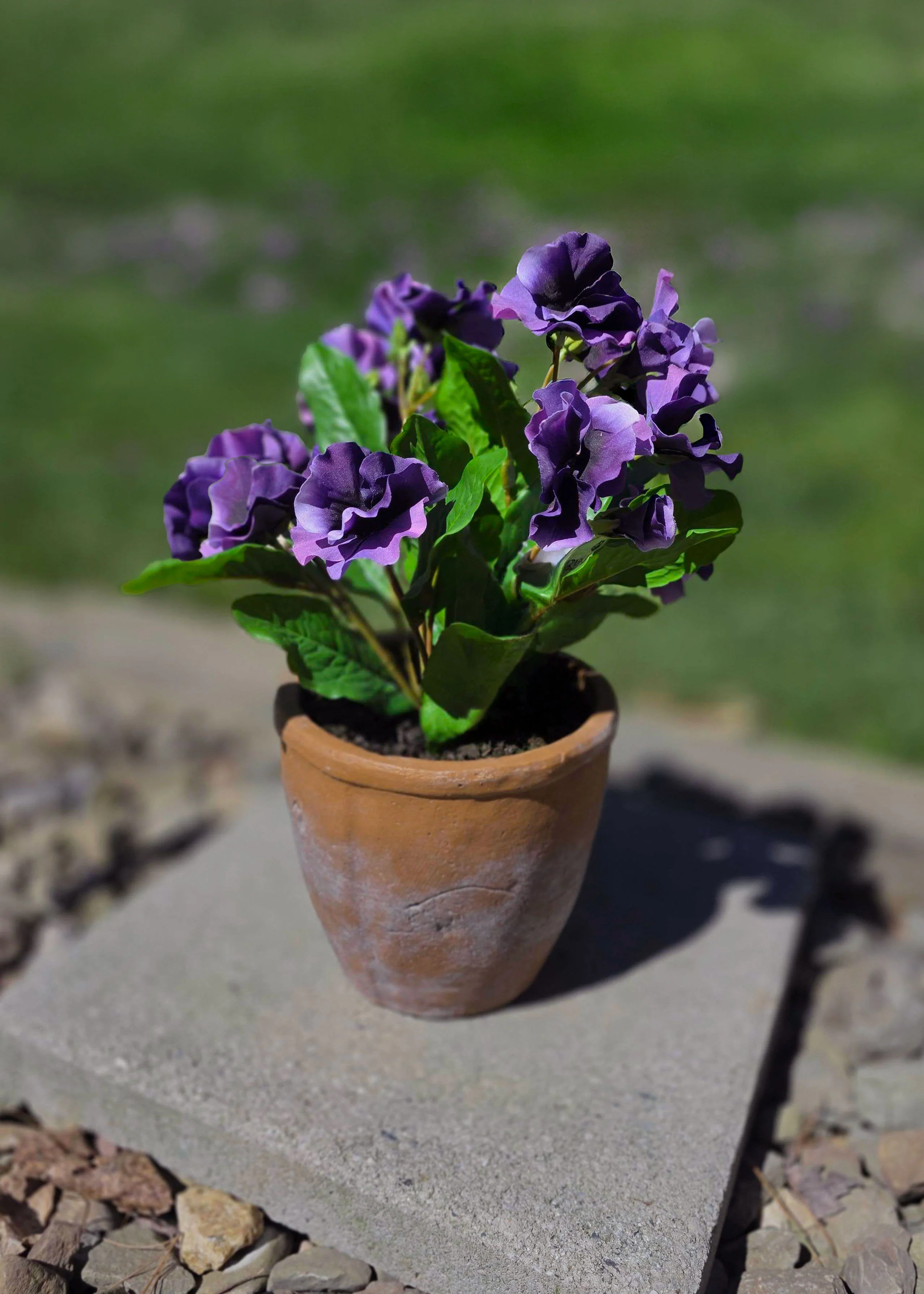 UV Treated Fake Outdoor Flowers Purple Pansy Potted Plant - 12" - Image 2