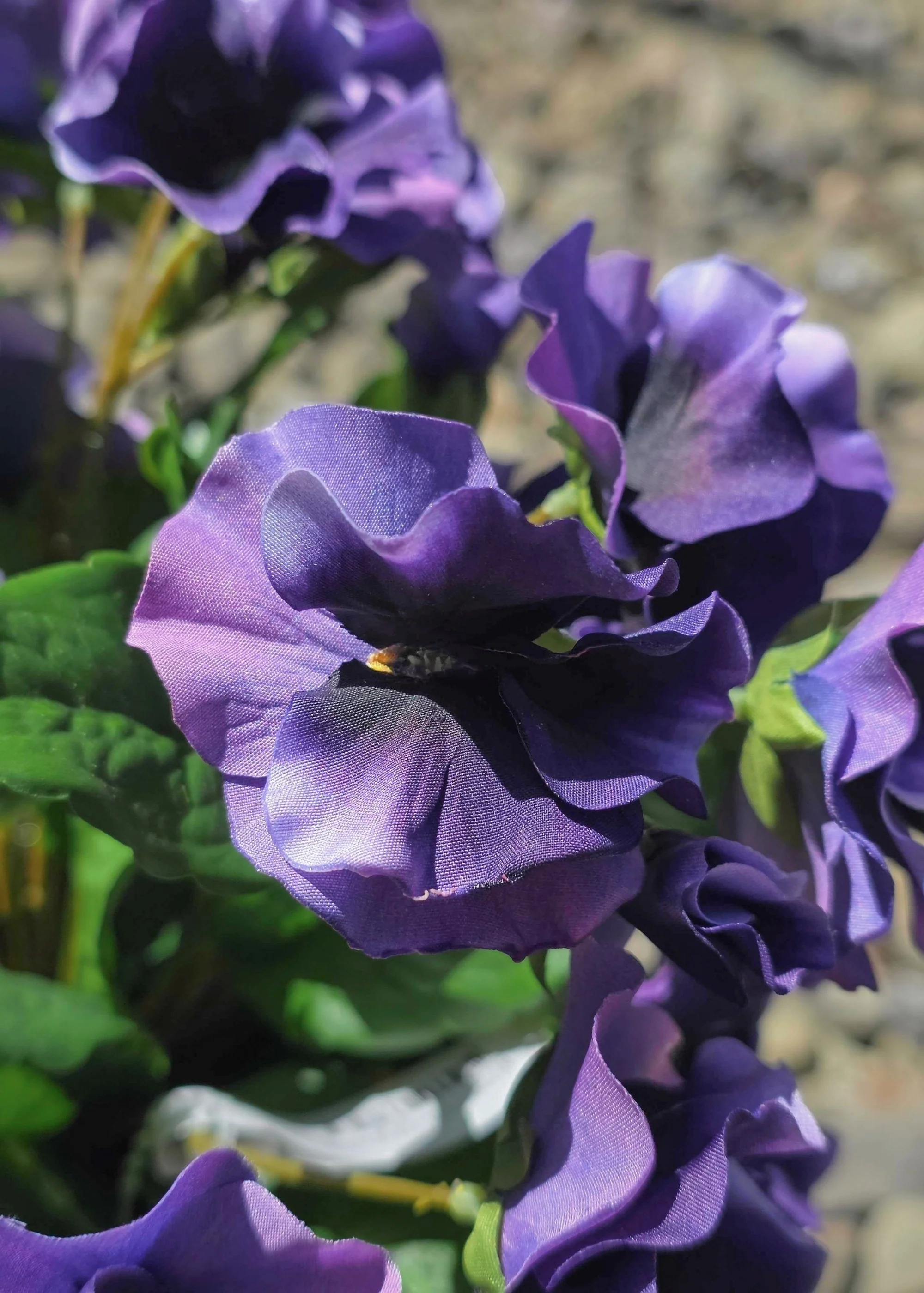 UV Treated Fake Outdoor Flowers Purple Pansy Potted Plant - 12" - Image 3